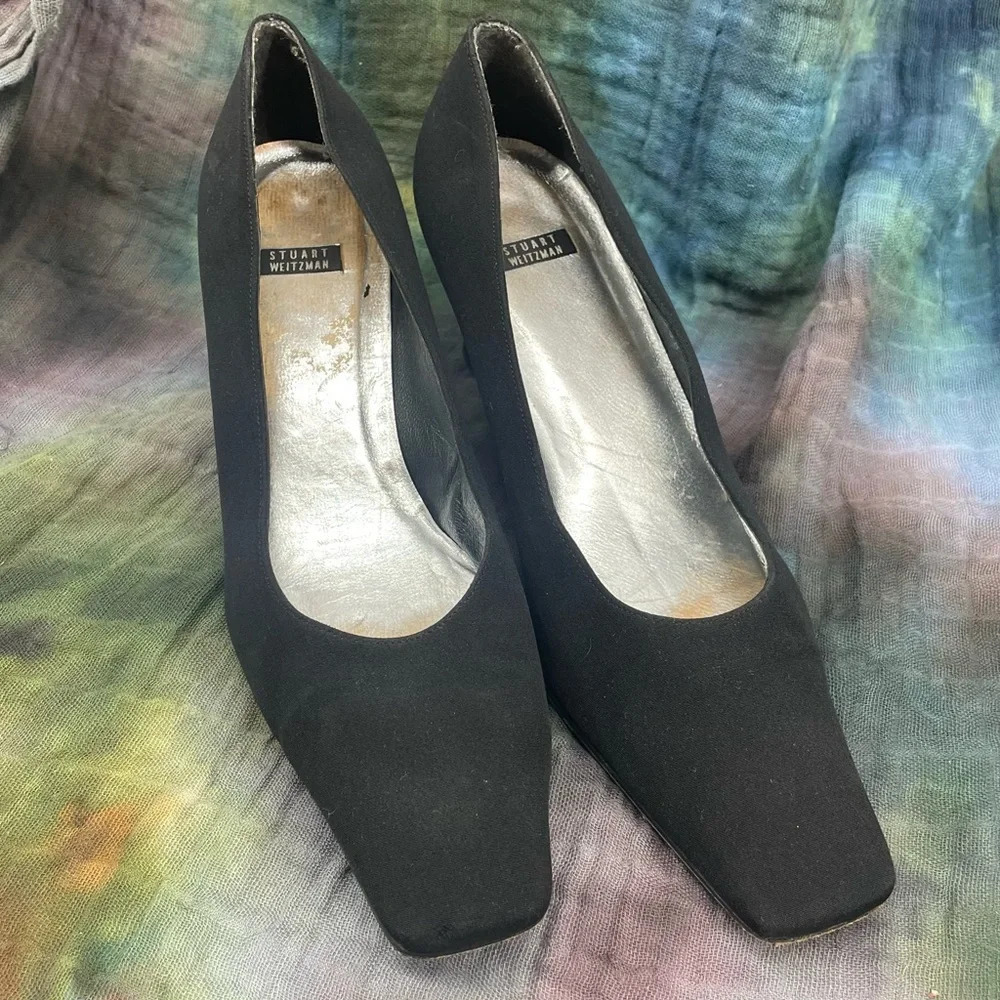 Vintage Stuart Weitzman black satin square heel pump 9.5